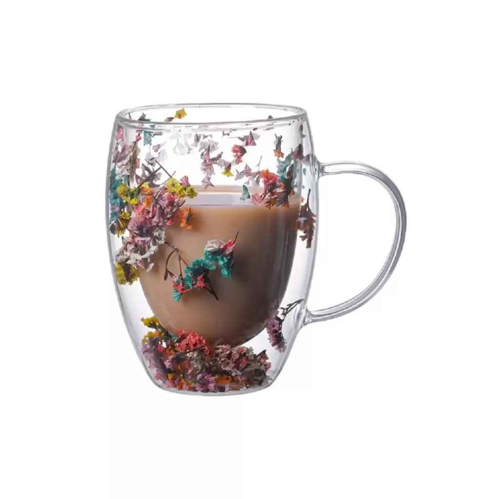 Özel Üretim Kurutulmuş Çiçekli Şık Dayanıklı Cam Kupa Bardak Hediyelik Kulplu Fincan 250 ml