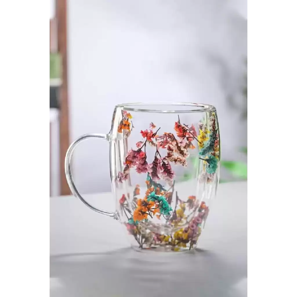 Özel Üretim Kurutulmuş Çiçekli Şık Dayanıklı Cam Kupa Bardak Hediyelik Kulplu Fincan 250 ml