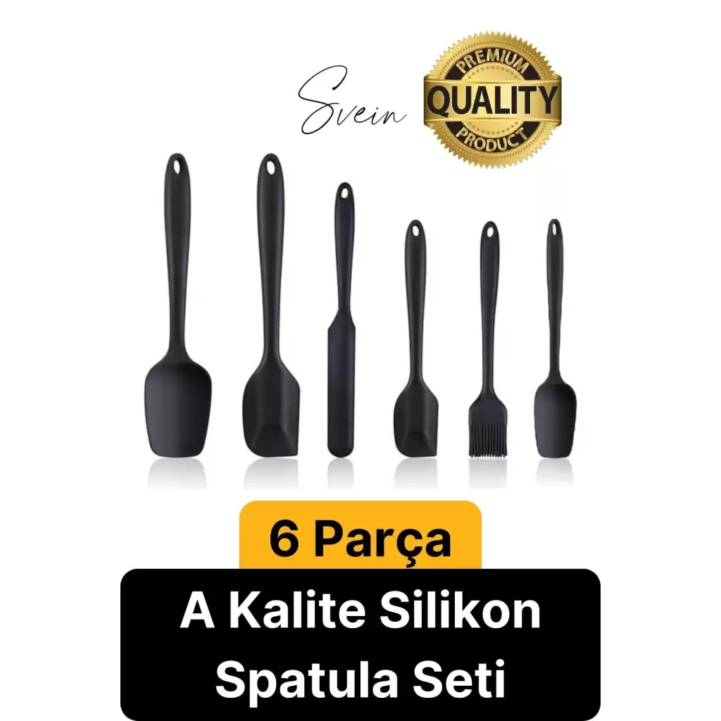 6 Parça Silikon Spatula Fırça Kaşık Bıçak Yemek Hazırlık Pasta Mutfak Seti Yanmaz Yapışmaz Siyah
