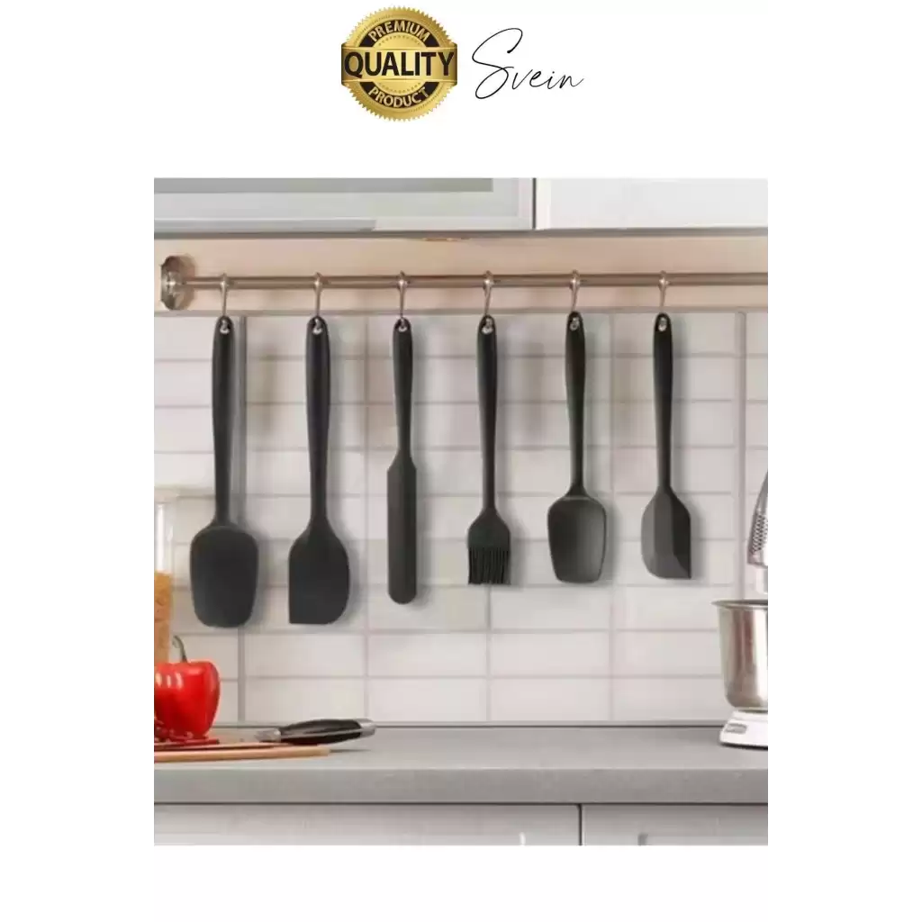 6 Parça Silikon Spatula Fırça Kaşık Bıçak Yemek Hazırlık Pasta Mutfak Seti Yanmaz Yapışmaz Siyah