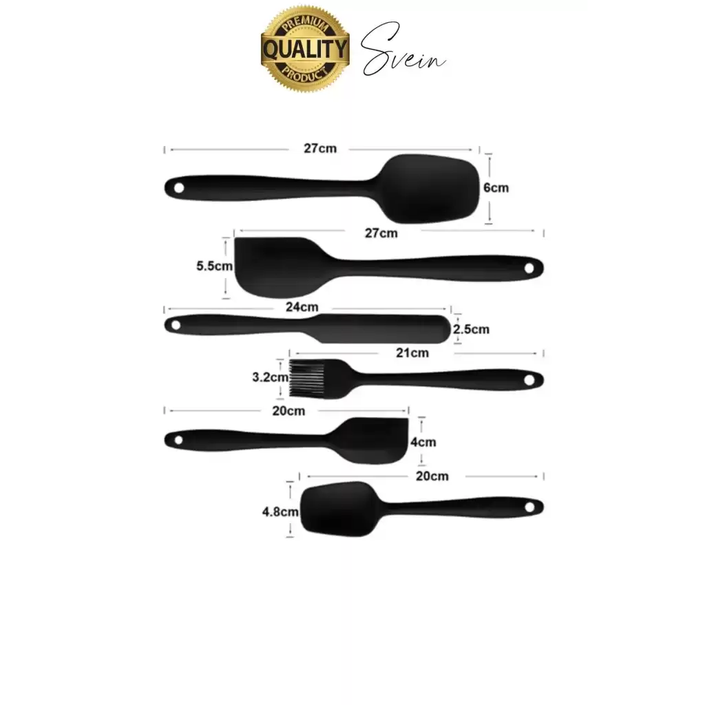 6 Parça Silikon Spatula Fırça Kaşık Bıçak Yemek Hazırlık Pasta Mutfak Seti Yanmaz Yapışmaz Siyah