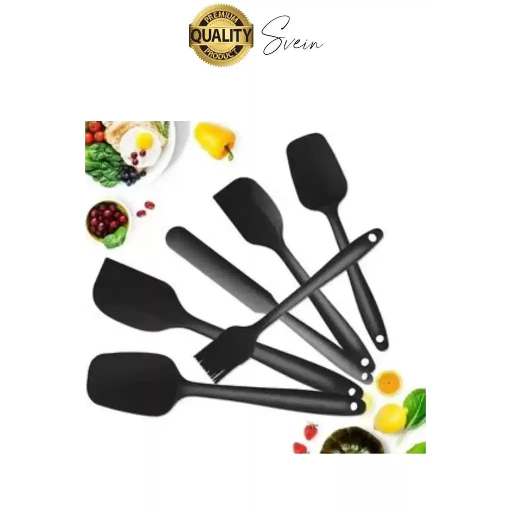 6 Parça Silikon Spatula Fırça Kaşık Bıçak Yemek Hazırlık Pasta Mutfak Seti Yanmaz Yapışmaz Siyah