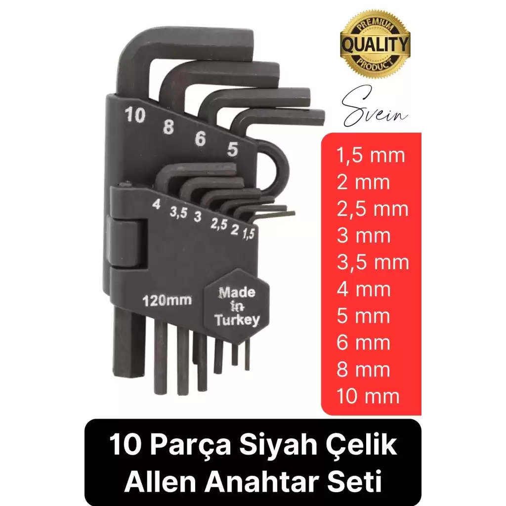 Premium 10 Parça Siyah Çelik 120 mm Allen Anahtar Seti Alyan Takımı Profesyonel Manuel Uzun Tamir