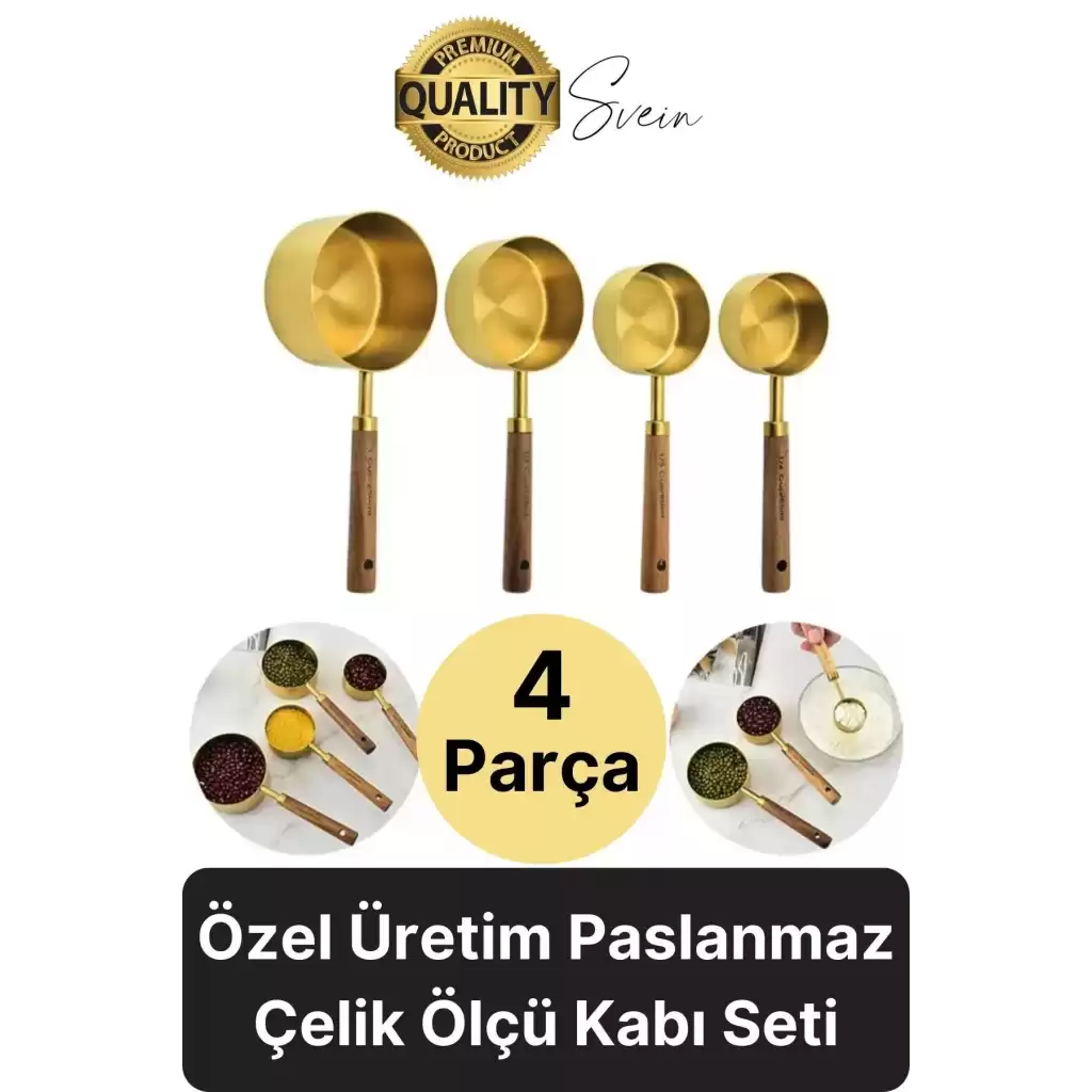 Özel Üretim Ağaç Saplı Paslanmaz Çelik 4 Boy Ölçü Kaşığı Kabı Lüks Şık Doğal Görünüm Otantik Altın