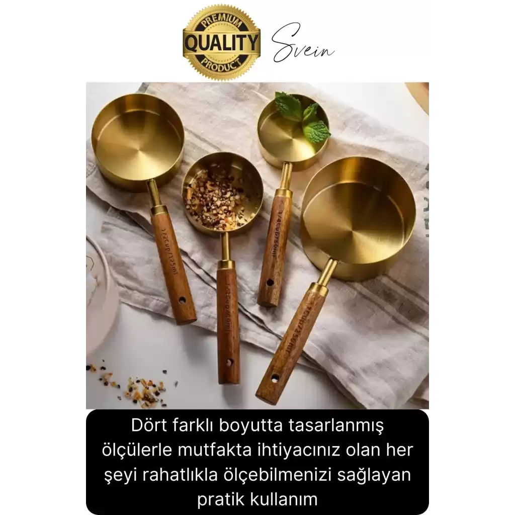 Özel Üretim Ağaç Saplı Paslanmaz Çelik 4 Boy Ölçü Kaşığı Kabı Lüks Şık Doğal Görünüm Otantik Altın