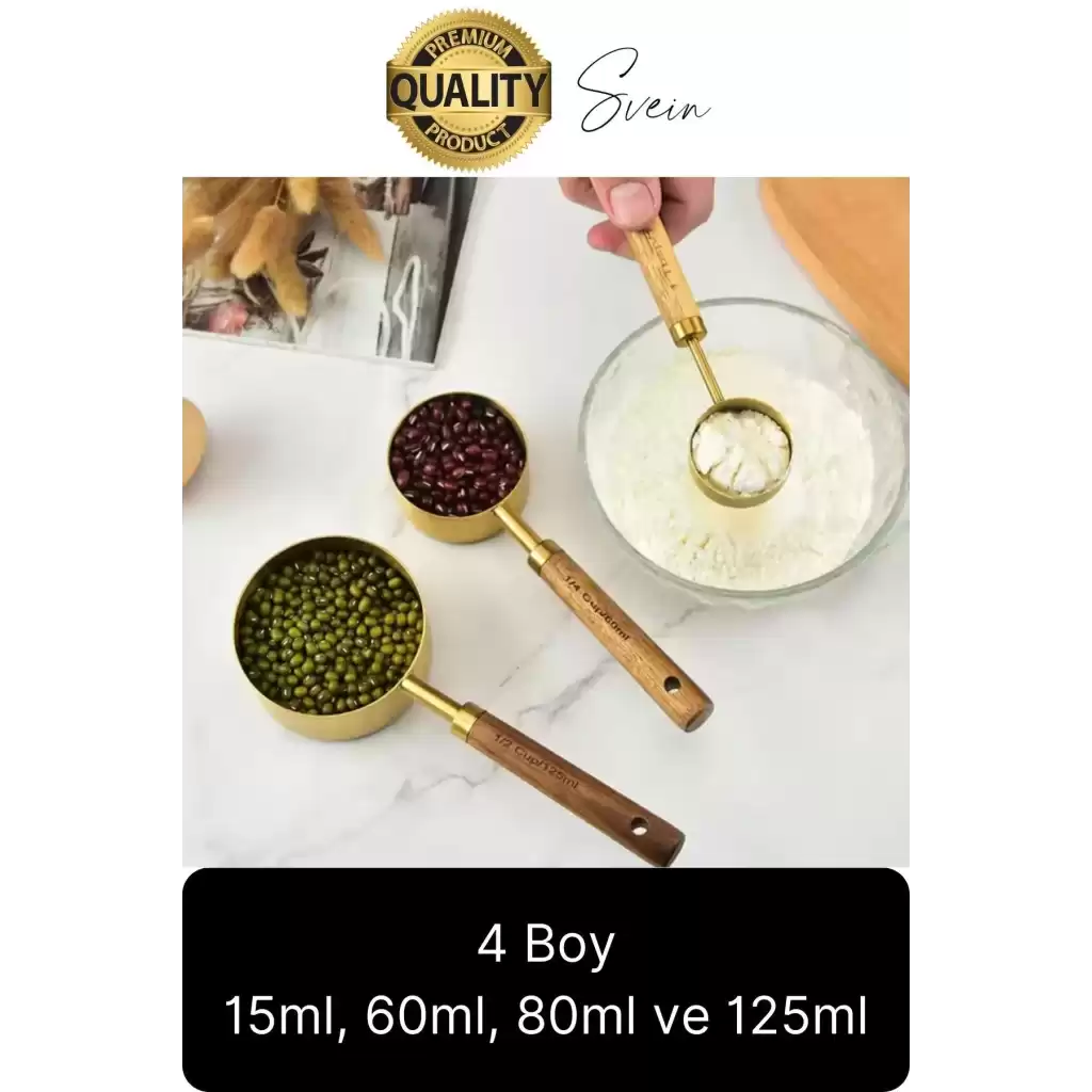 Özel Üretim Ağaç Saplı Paslanmaz Çelik 4 Boy Ölçü Kaşığı Kabı Lüks Şık Doğal Görünüm Otantik Altın