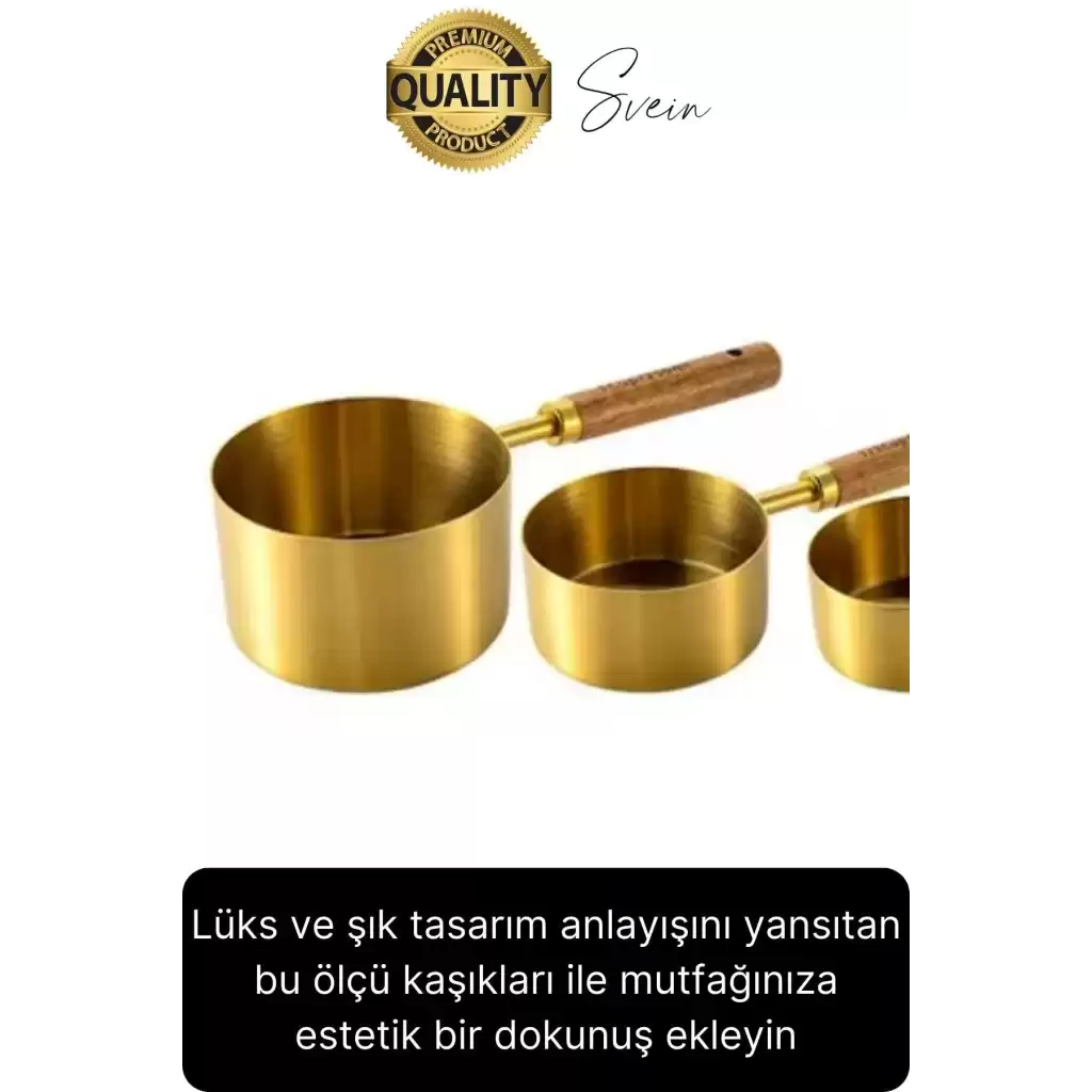 Özel Üretim Ağaç Saplı Paslanmaz Çelik 4 Boy Ölçü Kaşığı Kabı Lüks Şık Doğal Görünüm Otantik Altın