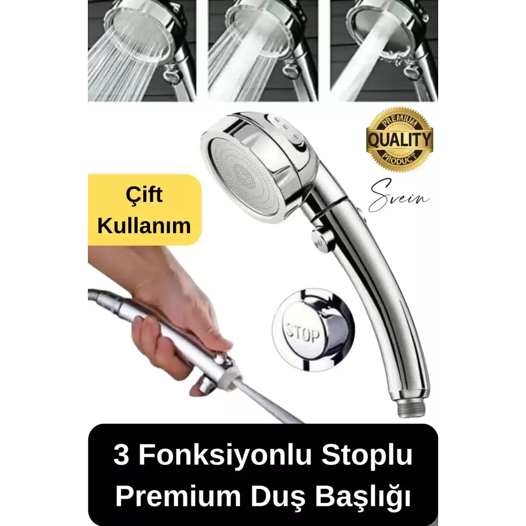 Premium 3 Fonksiyonlu Stoplu Krom Görünüm Duş Başlığı El Duşu Yüksek Basınç Kolay Kullanım Patlamaz
