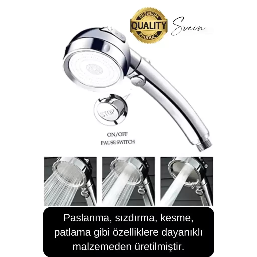 Premium 3 Fonksiyonlu Stoplu Krom Görünüm Duş Başlığı El Duşu Yüksek Basınç Kolay Kullanım Patlamaz