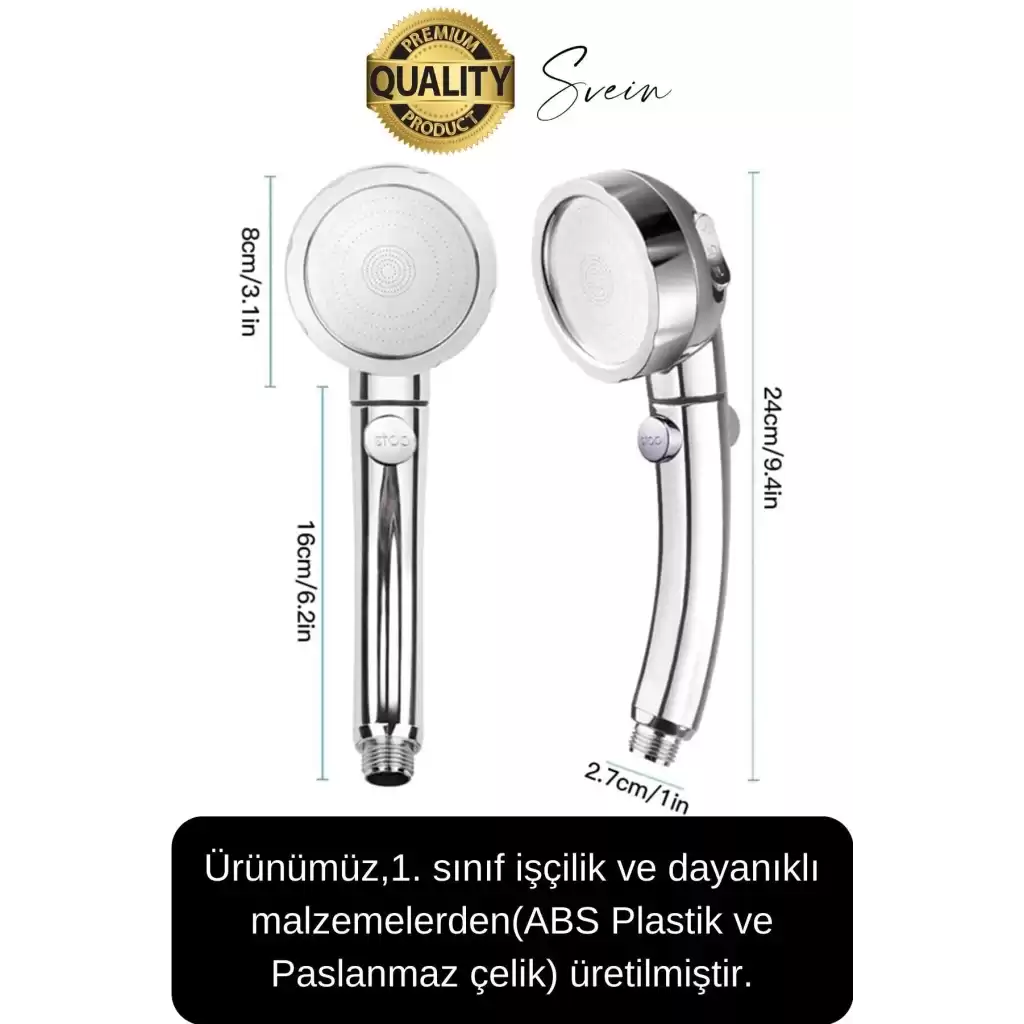 Premium 3 Fonksiyonlu Stoplu Krom Görünüm Duş Başlığı El Duşu Yüksek Basınç Kolay Kullanım Patlamaz