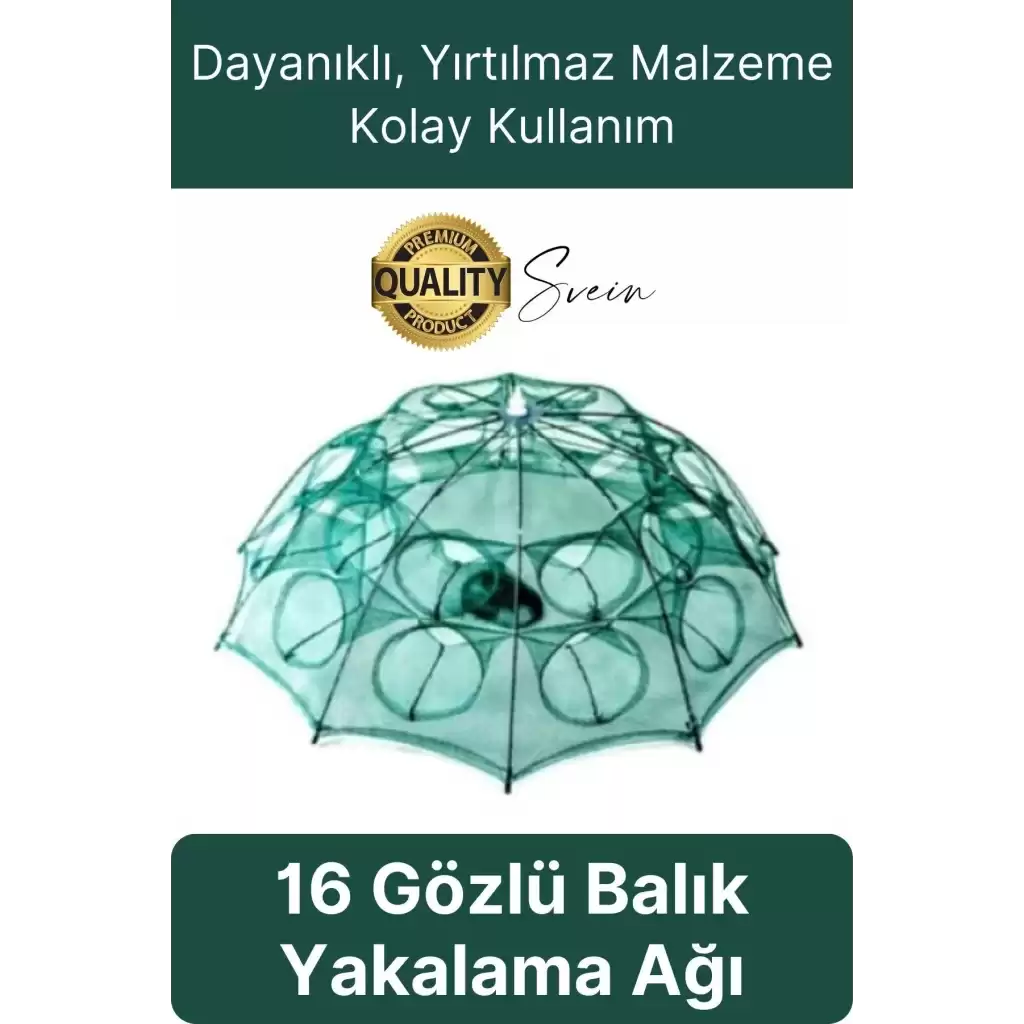 Ekstra Sağlam 16 Gözlü Balık Kapanı Ağı Cepli Büyük Boy Balık Yakalama Filesi Yem Bölmeli Fermuarlı