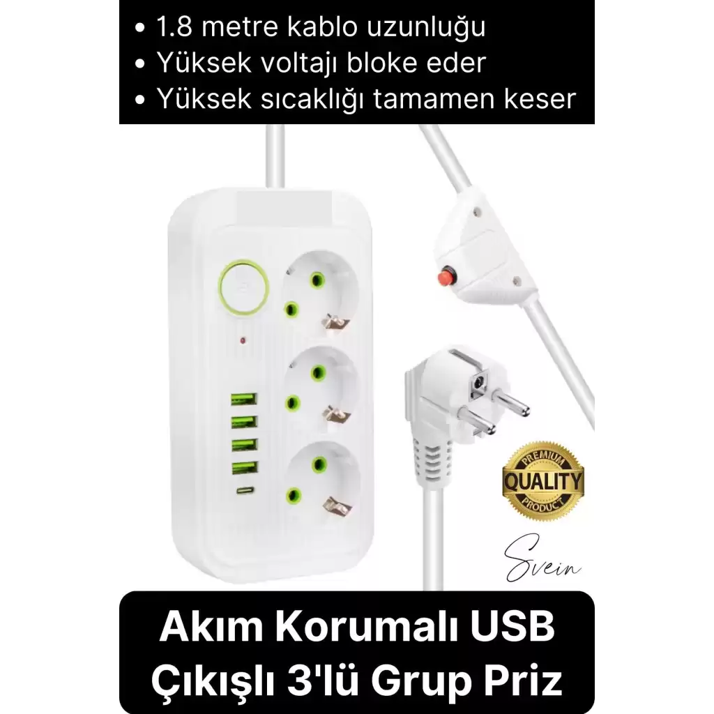 Premium Yeni Nesil Akım Korumalı 3lü Grup Priz Uzatma 4 USB Çıkışlı Bağlantılı Fiş 3000 Watt