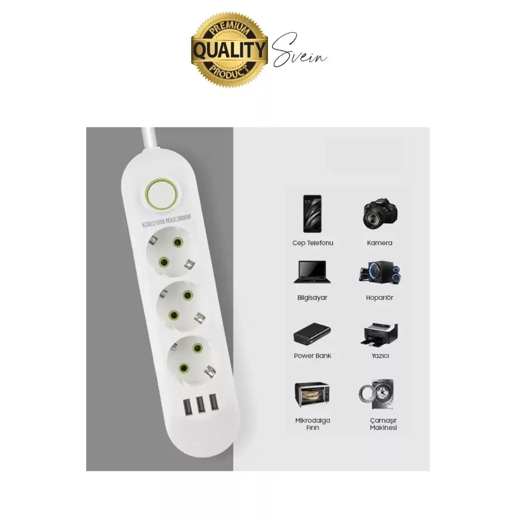 Premium Yeni Nesil Akım Korumalı 3lü Grup Priz Uzatma 4 USB Çıkışlı Bağlantılı Fiş 3000 Watt