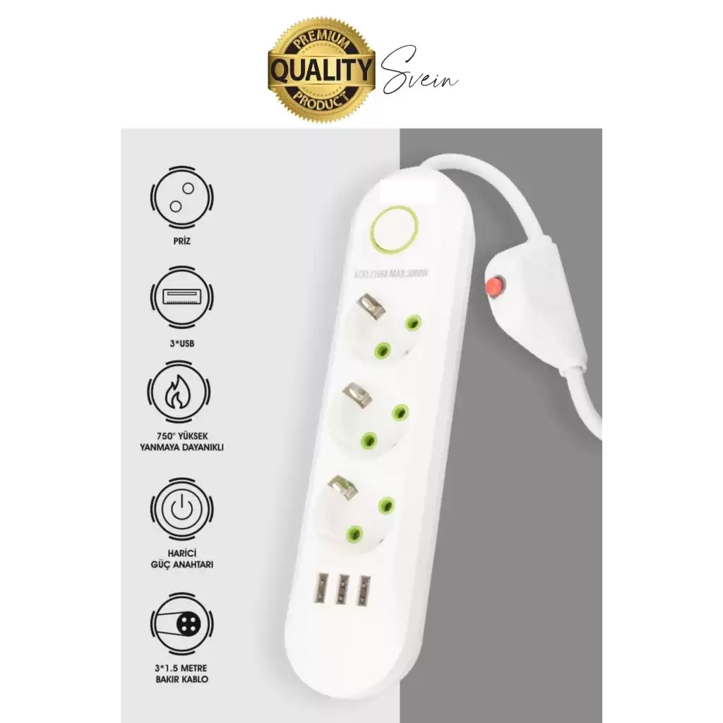Premium Yeni Nesil Akım Korumalı 3lü Grup Priz Uzatma 4 USB Çıkışlı Bağlantılı Fiş 3000 Watt