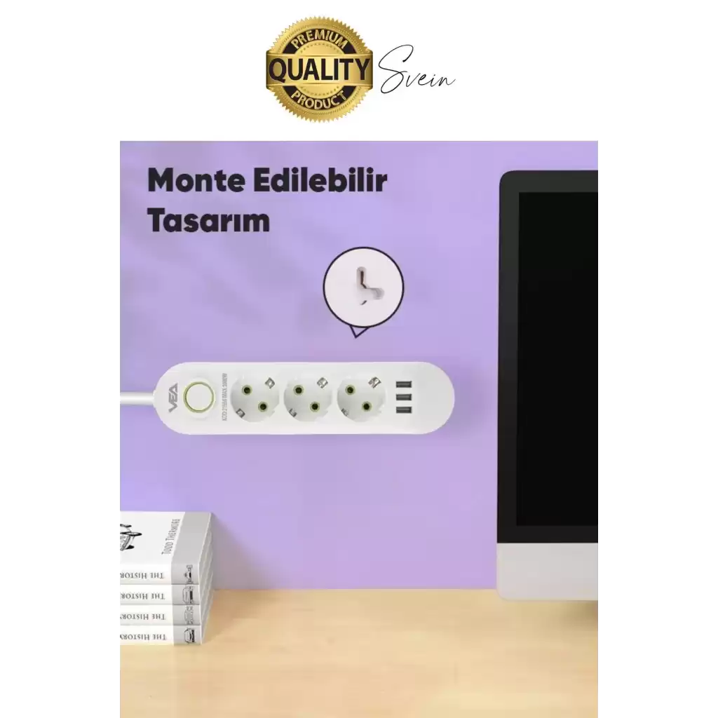 Premium Yeni Nesil Akım Korumalı 3lü Grup Priz Uzatma 4 USB Çıkışlı Bağlantılı Fiş 3000 Watt