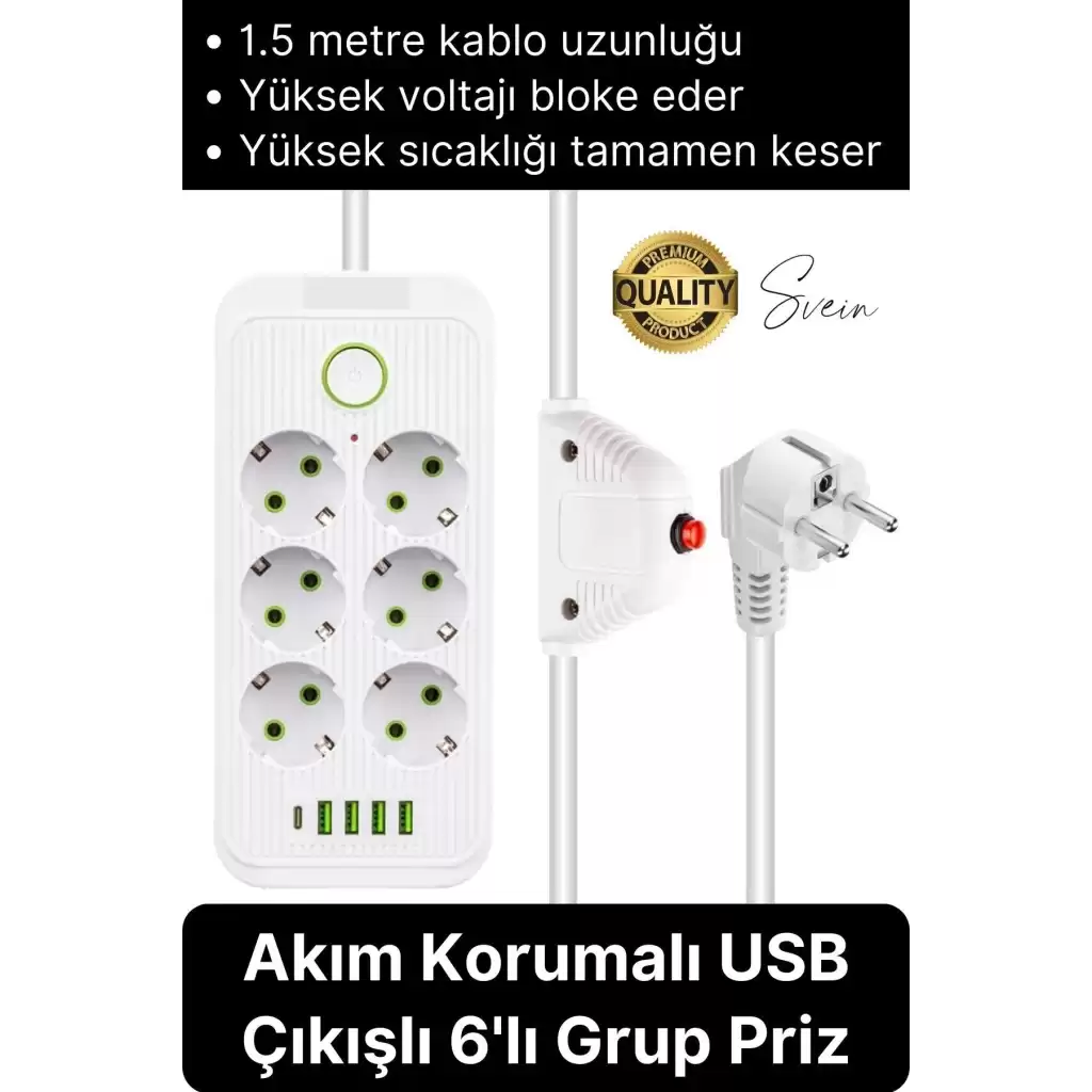 Premium Yeni Nesil Akım Korumalı 6lı Grup Priz Uzatma 4 USB Çıkışlı Bağlantılı Fiş 3000 Watt