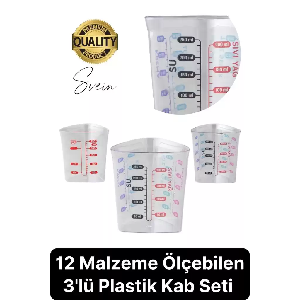 Premium 3lü Set Plastik Ölçü Kabı 12 Çeşit Malzeme Ölçme Şeffaf Mutfak Gereci Galeta Unu İrmik