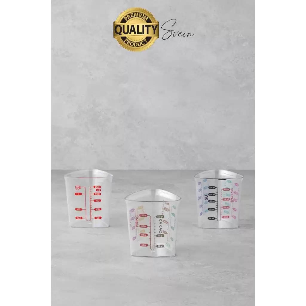 Premium 3lü Set Plastik Ölçü Kabı 12 Çeşit Malzeme Ölçme Şeffaf Mutfak Gereci Galeta Unu İrmik