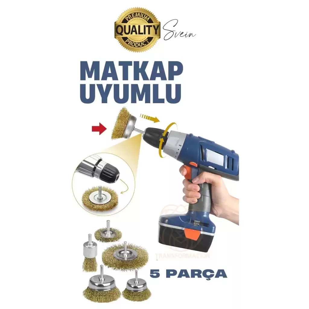 Dayanıklı Çanak Saçaklı Tel Fırça Seti 5 Parça Sarı Telli Dairesel Matkap Uyumlu Pas Kir Temizleyici