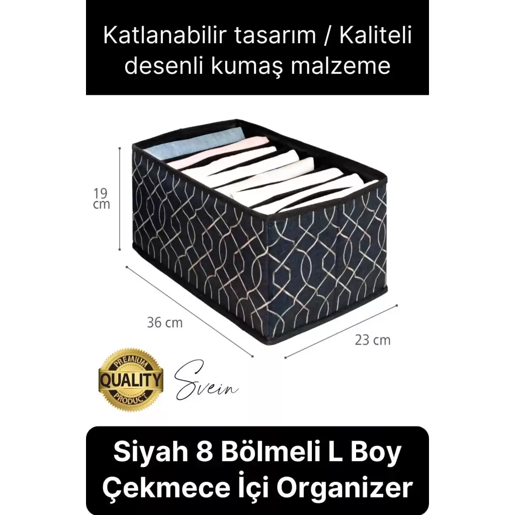Çok Amaçlı Siyah 8 Gözlü Çekmece Dolap İçi Düzenleyici Organizer Büyük Large Boy Tshirt El Havlusu
