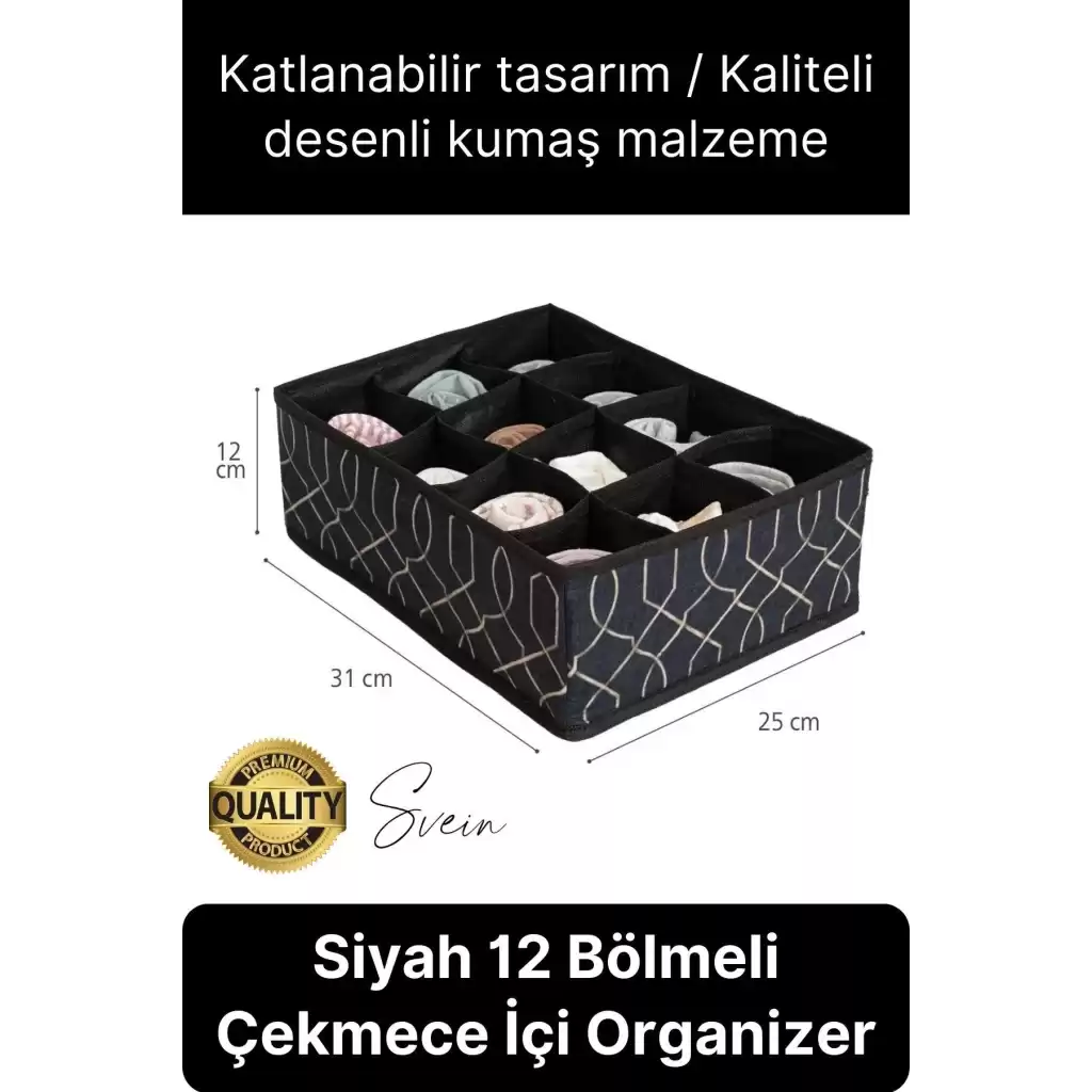 12 Bölmeli Dolap Çekmece İçi Düzenleyici Siyah Organizer Çorap Kravat Hobi Kutusu Kozmetik Aksesuar