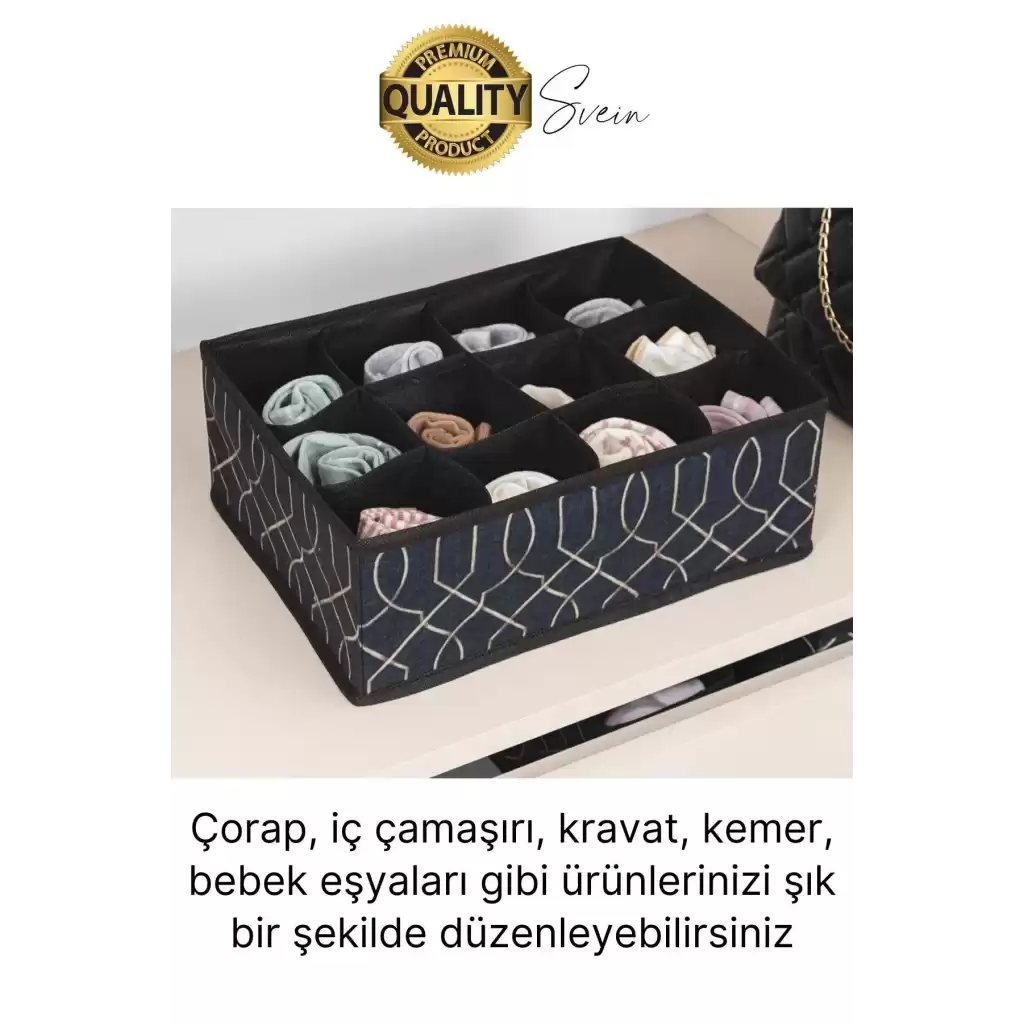 12 Bölmeli Dolap Çekmece İçi Düzenleyici Siyah Organizer Çorap Kravat Hobi Kutusu Kozmetik Aksesuar