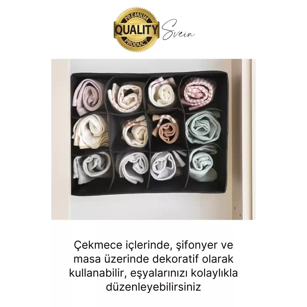12 Bölmeli Dolap Çekmece İçi Düzenleyici Siyah Organizer Çorap Kravat Hobi Kutusu Kozmetik Aksesuar
