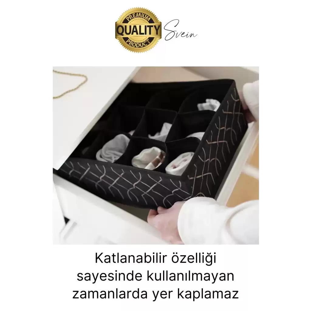 12 Bölmeli Dolap Çekmece İçi Düzenleyici Siyah Organizer Çorap Kravat Hobi Kutusu Kozmetik Aksesuar