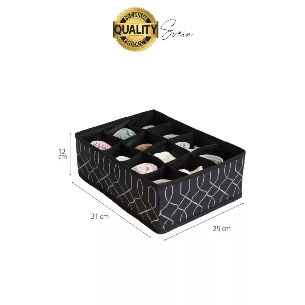 12 Bölmeli Dolap Çekmece İçi Düzenleyici Siyah Organizer Çorap Kravat Hobi Kutusu Kozmetik Aksesuar