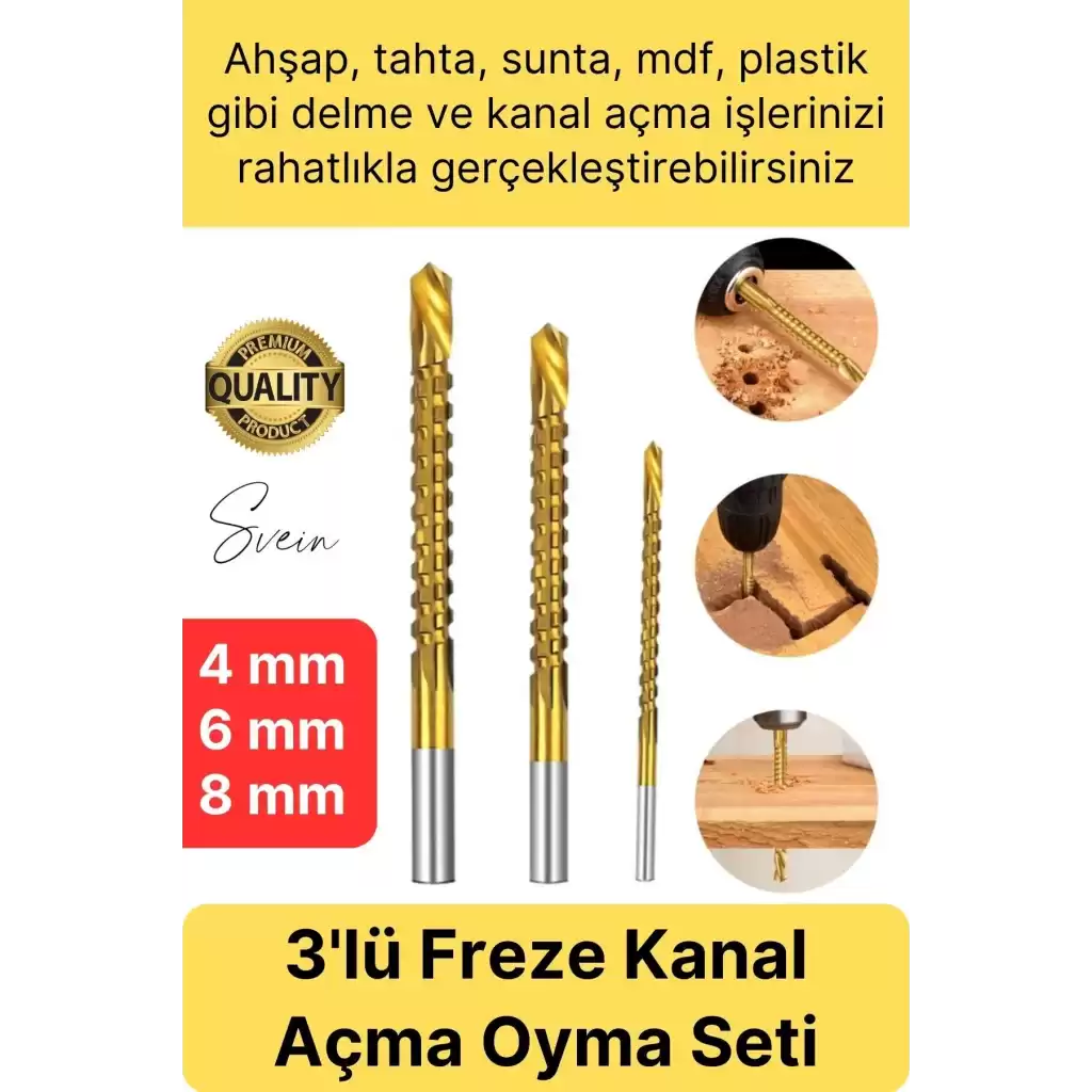 Premium Çok Amaçlı 3lü Freze Matkap Uç Seti Ahşap Tahta Delme Titanyum Kanal Açma Sunta Mdf Oyma