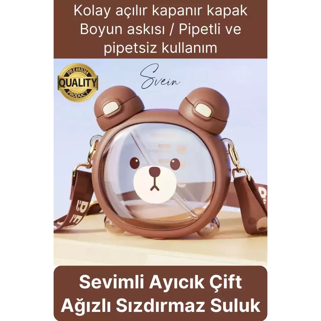 Sevimli Ayıcıklı Çocuk Suluğu Çift Kapaklı Pipetli Boyun Askılı Su Matarası Şişesi Kahve Sticker