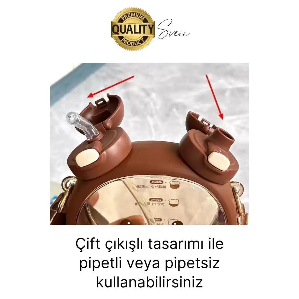 Sevimli Ayıcıklı Çocuk Suluğu Çift Kapaklı Pipetli Boyun Askılı Su Matarası Şişesi Kahve Sticker