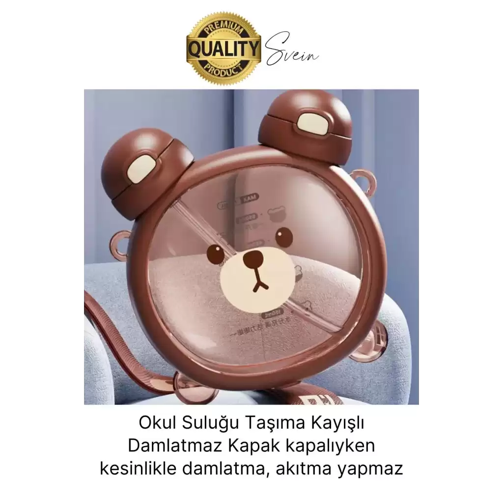 Sevimli Ayıcıklı Çocuk Suluğu Çift Kapaklı Pipetli Boyun Askılı Su Matarası Şişesi Kahve Sticker