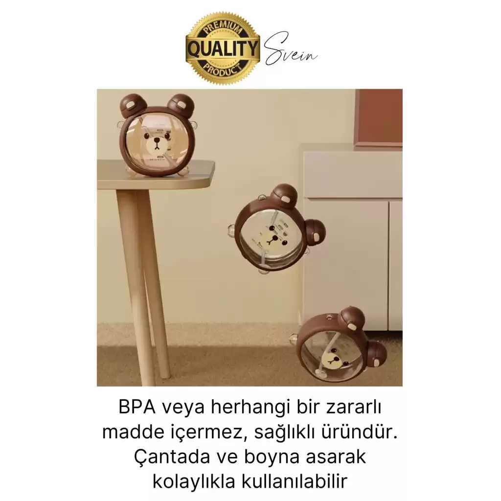 Sevimli Ayıcıklı Çocuk Suluğu Çift Kapaklı Pipetli Boyun Askılı Su Matarası Şişesi Kahve Sticker