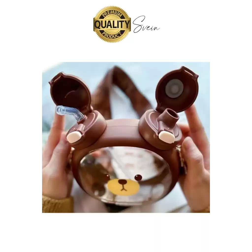 Sevimli Ayıcıklı Çocuk Suluğu Çift Kapaklı Pipetli Boyun Askılı Su Matarası Şişesi Kahve Sticker