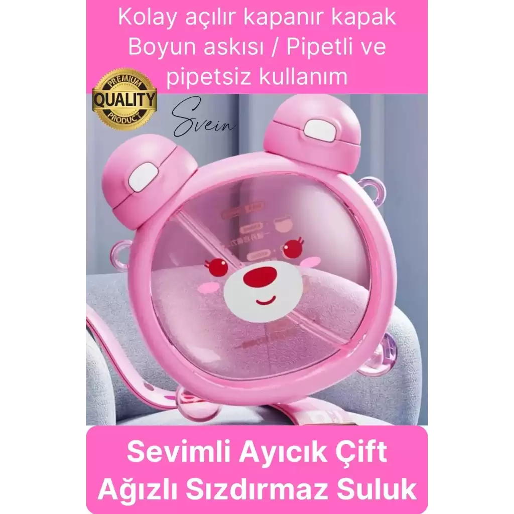 Sevimli Ayıcıklı Çocuk Suluğu Çift Kapaklı Pipetli Boyun Askılı Su Matarası Şişesi Pembe Sticker