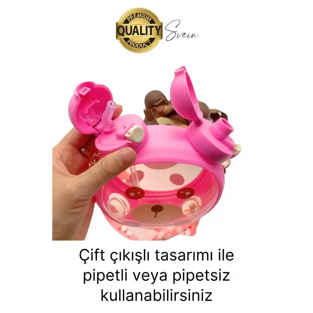 Sevimli Ayıcıklı Çocuk Suluğu Çift Kapaklı Pipetli Boyun Askılı Su Matarası Şişesi Pembe Sticker
