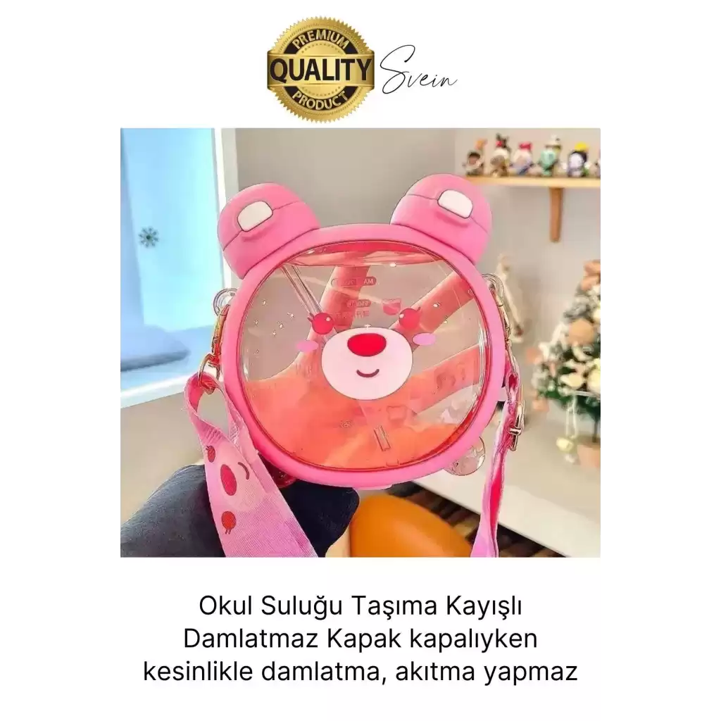 Sevimli Ayıcıklı Çocuk Suluğu Çift Kapaklı Pipetli Boyun Askılı Su Matarası Şişesi Pembe Sticker