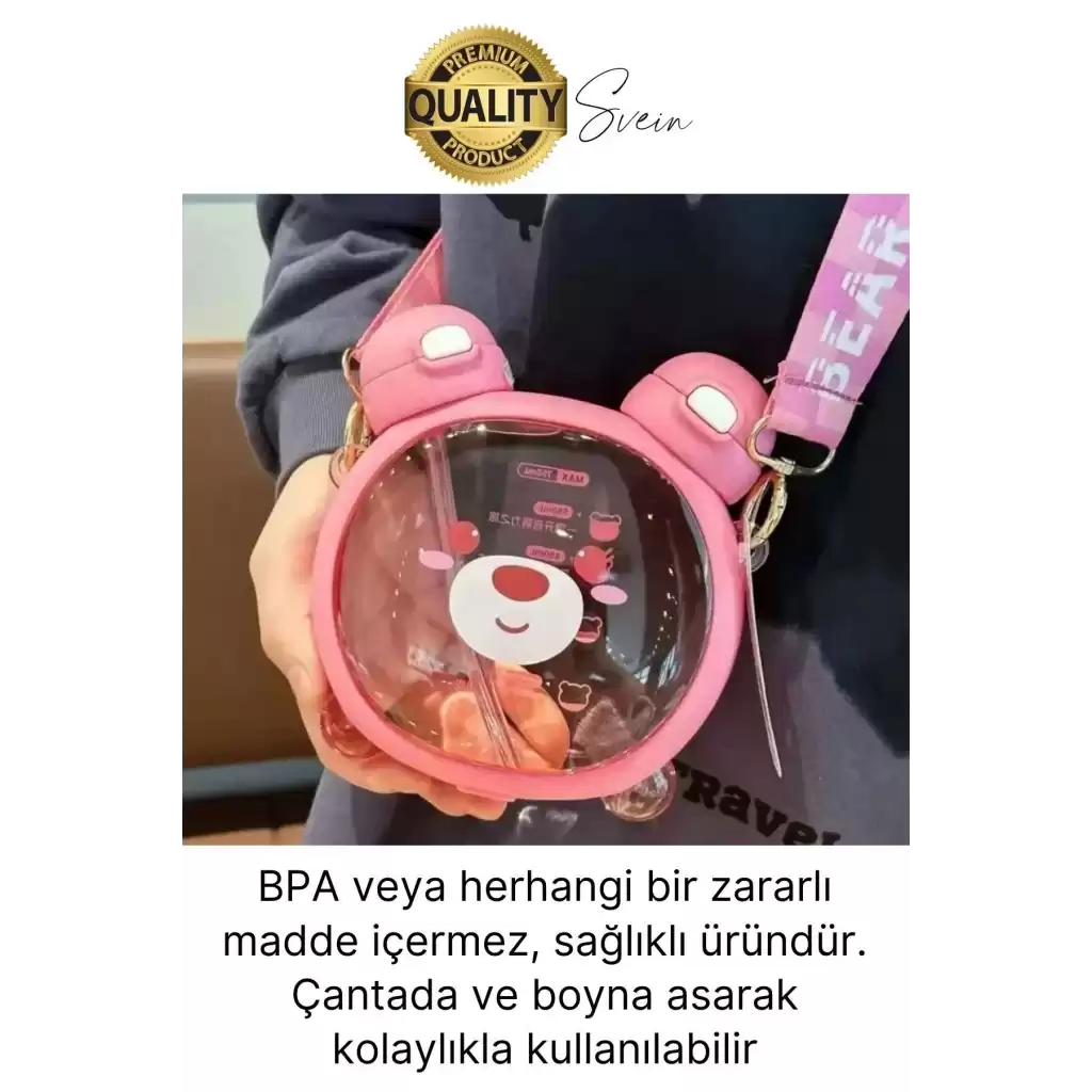 Sevimli Ayıcıklı Çocuk Suluğu Çift Kapaklı Pipetli Boyun Askılı Su Matarası Şişesi Pembe Sticker