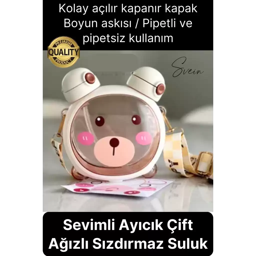 Sevimli Ayıcıklı Çocuk Suluğu Çift Kapaklı Pipetli Boyun Askılı Su Matarası Şişesi Beyaz Sticker