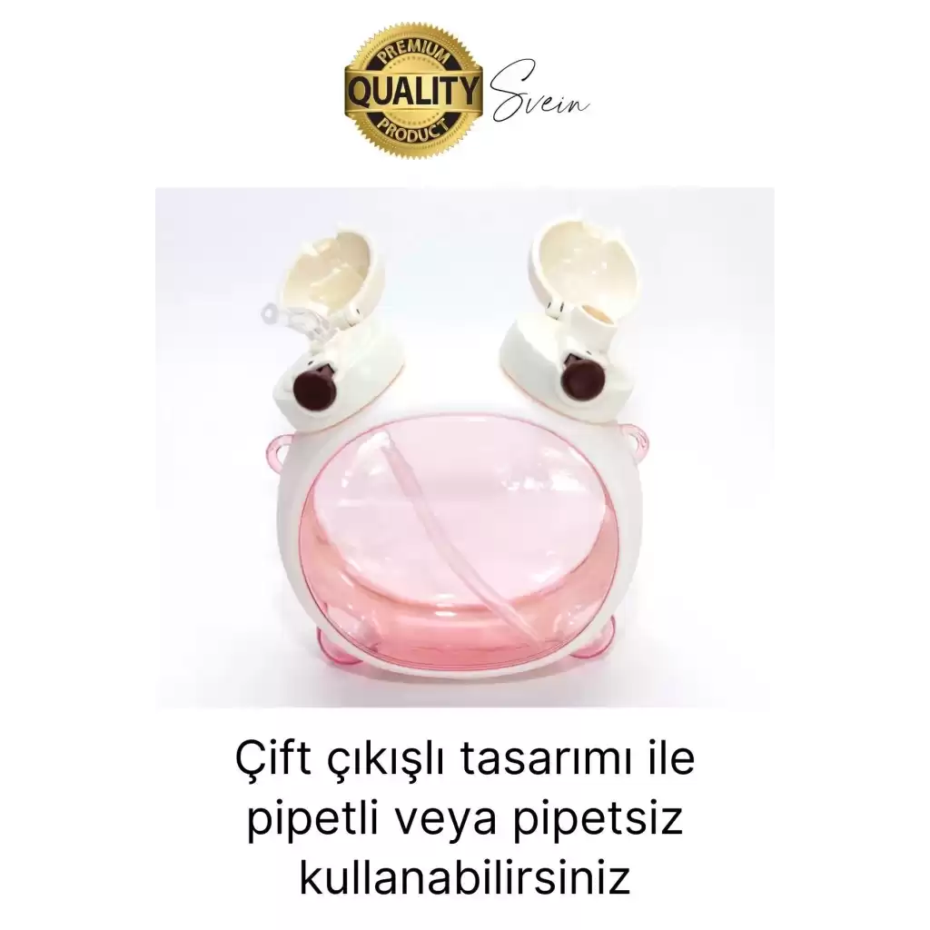 Sevimli Ayıcıklı Çocuk Suluğu Çift Kapaklı Pipetli Boyun Askılı Su Matarası Şişesi Beyaz Sticker