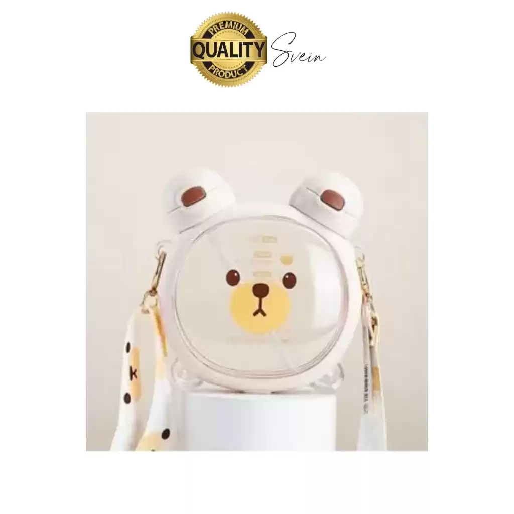 Sevimli Ayıcıklı Çocuk Suluğu Çift Kapaklı Pipetli Boyun Askılı Su Matarası Şişesi Beyaz Sticker