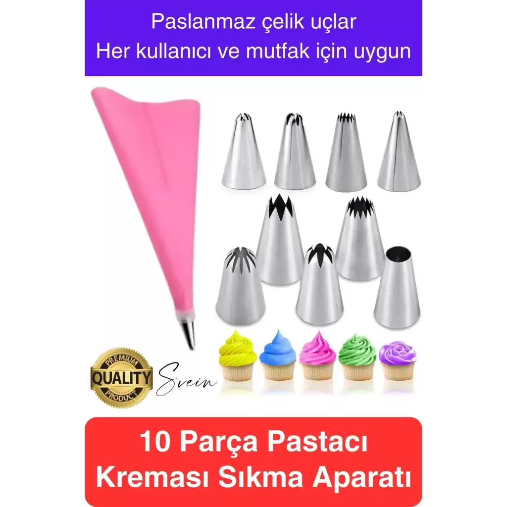 Uzun Ömürlü 10 Parça Paslanmaz Çelik Pasta Krema Sıkma Aparatı Seti Kesesi Torbası Dekoratif Süsleme
