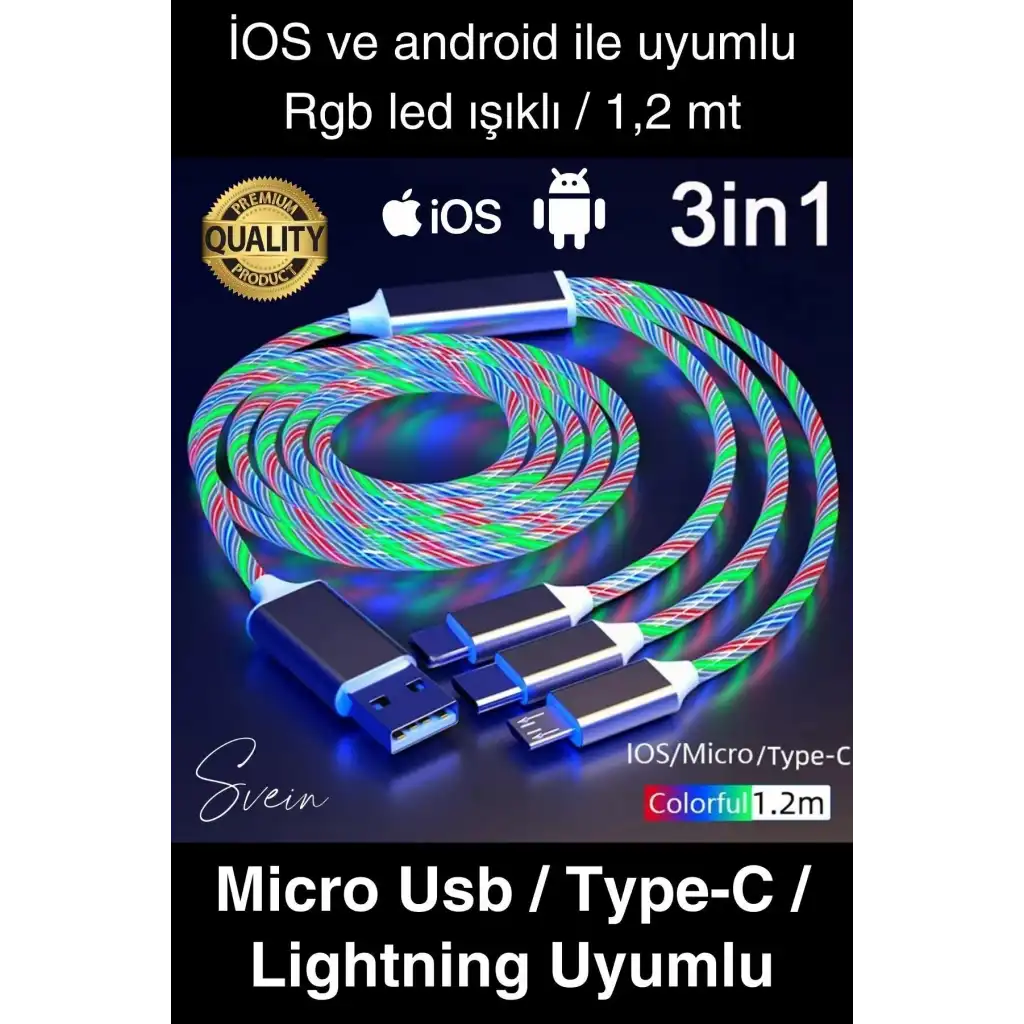 Özel Üretim Rgb Led Işıklı 3ü 1 Arada Şarj Kablosu Micro Usb Type-C Lightning Apple İphone Uyumlu