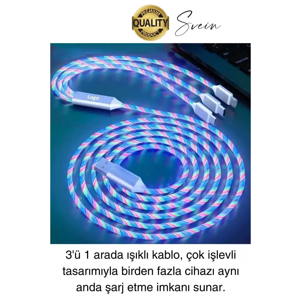 Özel Üretim Rgb Led Işıklı 3ü 1 Arada Şarj Kablosu Micro Usb Type-C Lightning Apple İphone Uyumlu