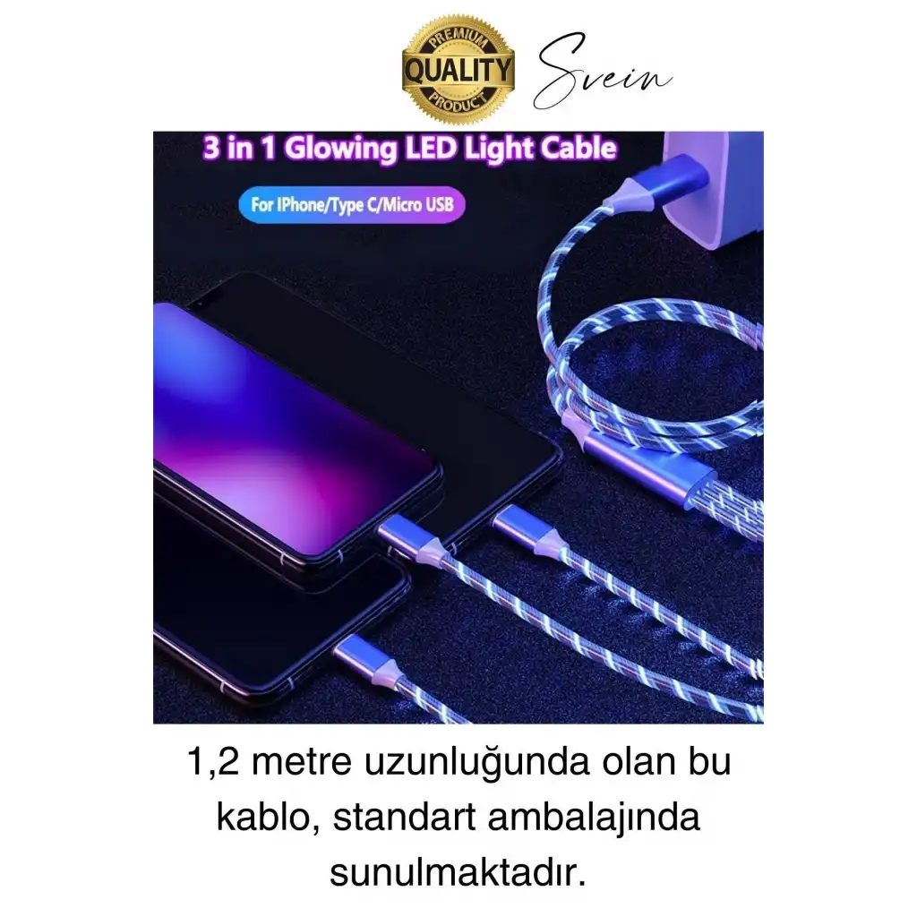 Özel Üretim Rgb Led Işıklı 3ü 1 Arada Şarj Kablosu Micro Usb Type-C Lightning Apple İphone Uyumlu