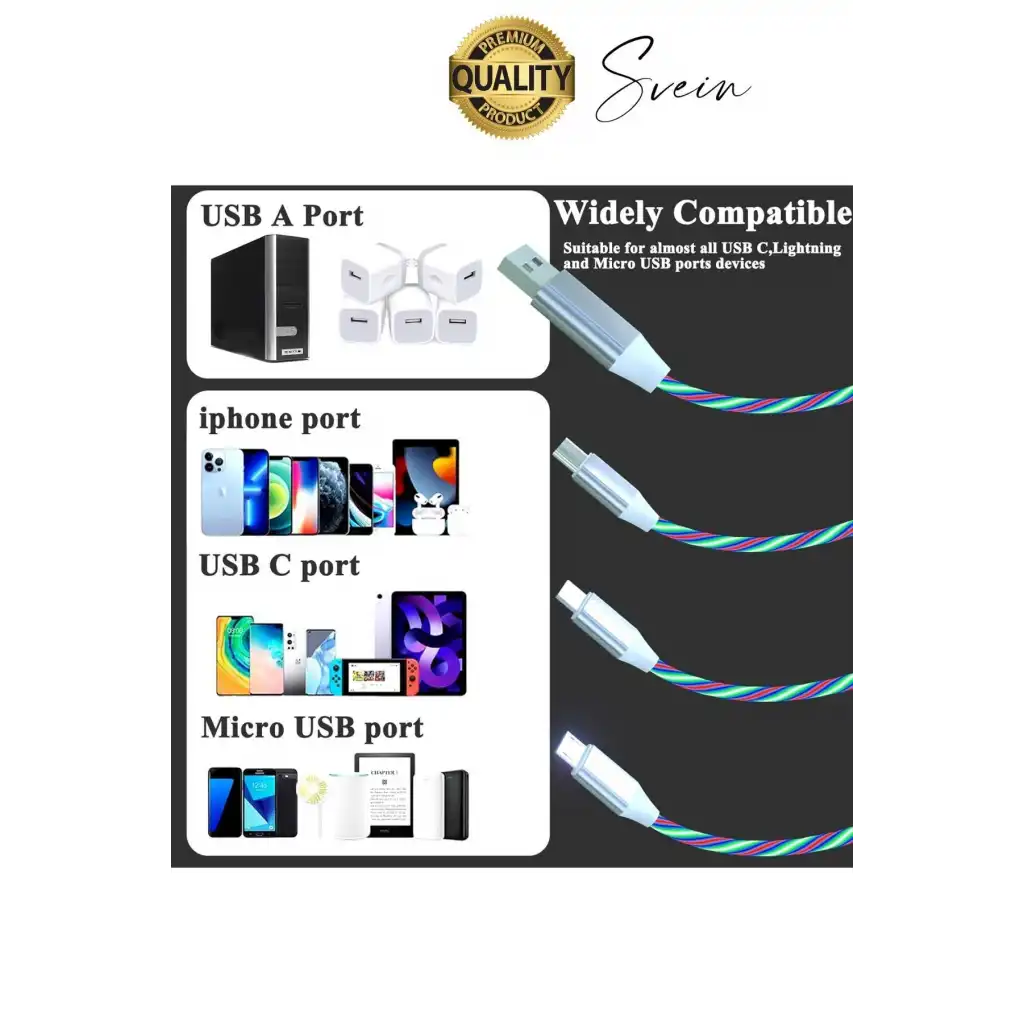 Özel Üretim Rgb Led Işıklı 3ü 1 Arada Şarj Kablosu Micro Usb Type-C Lightning Apple İphone Uyumlu