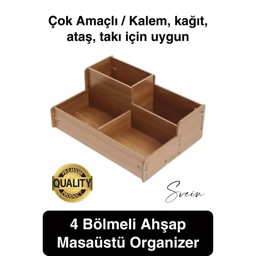 Özel Üretim 4 Bölmeli Masa Üstü Ahşap Kalem Kağıt Ataş Takı Organizeri Düzenleyici Kutu Ofis Masası