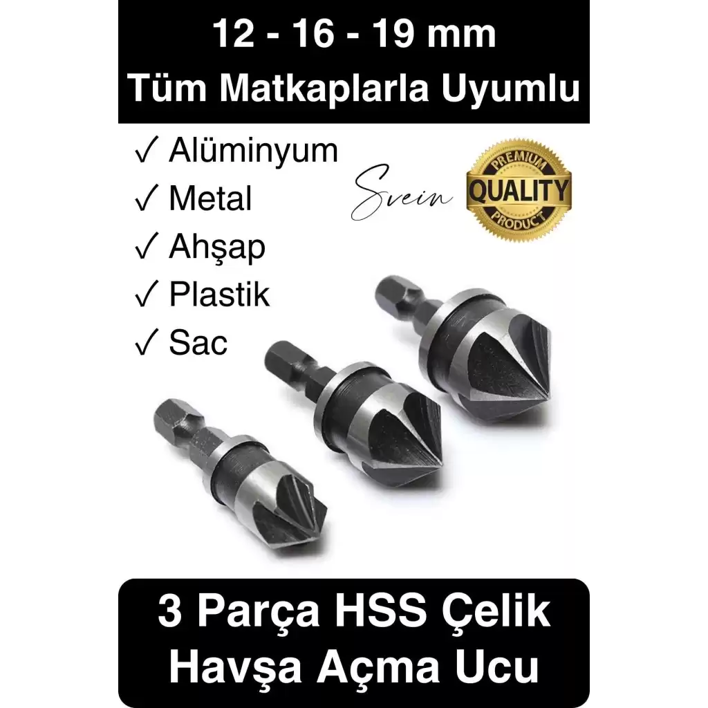 A Kalite 3 Parça Premium Havşa Açma Matkap Ucu Seti HSS Bits Uçlu Paslanmaz Çelik Kalın 12-16-19 mm