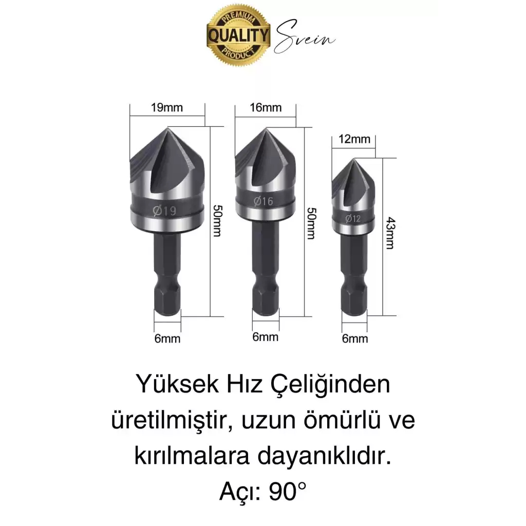 A Kalite 3 Parça Premium Havşa Açma Matkap Ucu Seti HSS Bits Uçlu Paslanmaz Çelik Kalın 12-16-19 mm